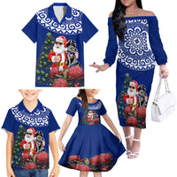 Personalized New Zealand Christmas Family Matching Off Shoulder Long Sleeve Dress and Hawaiian Shirt Maori Santa Pikorua and Pohutukawa Meri Kirihimete Blue LT03 - Polynesian Pride