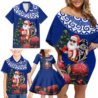 Personalized New Zealand Christmas Family Matching Off Shoulder Short Dress and Hawaiian Shirt Maori Santa Pikorua and Pohutukawa Meri Kirihimete Blue LT03 - Polynesian Pride