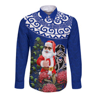 Personalized New Zealand Christmas Long Sleeve Button Shirt Maori Santa Pikorua and Pohutukawa Meri Kirihimete Blue LT03 Unisex Blue - Polynesian Pride
