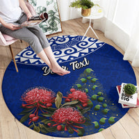 Personalized New Zealand Christmas Round Carpet Maori Santa Pikorua and Pohutukawa Meri Kirihimete Blue LT03 - Polynesian Pride