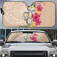 Hawaiian Tropical Flowers and Tribal Turtles Auto Sun Shade Polynesian Art Motifs Beige Color - Polynesian Pride