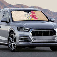 Hawaiian Tropical Flowers and Tribal Turtles Auto Sun Shade Polynesian Art Motifs Beige Color - Polynesian Pride