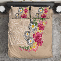 Hawaiian Tropical Flowers and Tribal Turtles Bedding Set Polynesian Art Motifs Beige Color - Polynesian Pride