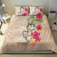 Hawaiian Tropical Flowers and Tribal Turtles Bedding Set Polynesian Art Motifs Beige Color - Polynesian Pride