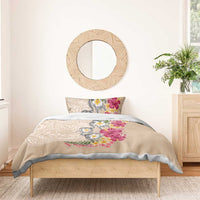 Hawaiian Tropical Flowers and Tribal Turtles Bedding Set Polynesian Art Motifs Beige Color - Polynesian Pride