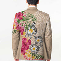 Hawaiian Tropical Flowers and Tribal Turtles Blazer Polynesian Art Motifs Beige Color - Polynesian Pride
