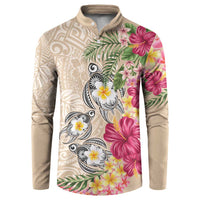 Hawaiian Tropical Flowers and Tribal Turtles Button Sweatshirt Polynesian Art Motifs Beige Color LT03 Beige - Polynesian Pride