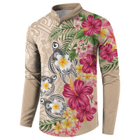 Hawaiian Tropical Flowers and Tribal Turtles Button Sweatshirt Polynesian Art Motifs Beige Color LT03 - Polynesian Pride