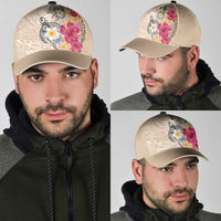 Hawaiian Tropical Flowers and Tribal Turtles Classic Cap Polynesian Art Motifs Beige Color LT03 - Polynesian Pride
