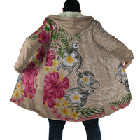 Hawaiian Tropical Flowers and Tribal Turtles Cloak Polynesian Art Motifs Beige Color - Polynesian Pride