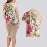 Hawaiian Tropical Flowers and Tribal Turtles Couples Matching Long Sleeve Bodycon Dress and Hawaiian Shirt Polynesian Art Motifs Beige Color - Polynesian Pride