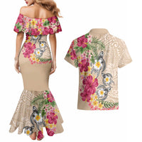 Hawaiian Tropical Flowers and Tribal Turtles Couples Matching Mermaid Dress and Hawaiian Shirt Polynesian Art Motifs Beige Color - Polynesian Pride