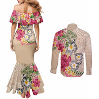 Hawaiian Tropical Flowers and Tribal Turtles Couples Matching Mermaid Dress and Long Sleeve Button Shirt Polynesian Art Motifs Beige Color - Polynesian Pride