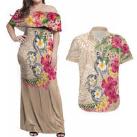 Hawaiian Tropical Flowers and Tribal Turtles Couples Matching Off Shoulder Maxi Dress and Hawaiian Shirt Polynesian Art Motifs Beige Color - Polynesian Pride