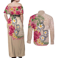 Hawaiian Tropical Flowers and Tribal Turtles Couples Matching Off Shoulder Maxi Dress and Long Sleeve Button Shirt Polynesian Art Motifs Beige Color - Polynesian Pride