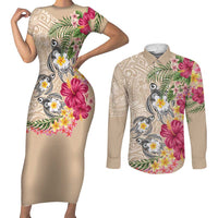 Hawaiian Tropical Flowers and Tribal Turtles Couples Matching Short Sleeve Bodycon Dress and Long Sleeve Button Shirt Polynesian Art Motifs Beige Color - Polynesian Pride