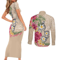 Hawaiian Tropical Flowers and Tribal Turtles Couples Matching Short Sleeve Bodycon Dress and Long Sleeve Button Shirt Polynesian Art Motifs Beige Color - Polynesian Pride