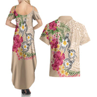 Hawaiian Tropical Flowers and Tribal Turtles Couples Matching Summer Maxi Dress and Hawaiian Shirt Polynesian Art Motifs Beige Color - Polynesian Pride