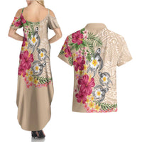 Hawaiian Tropical Flowers and Tribal Turtles Couples Matching Summer Maxi Dress and Hawaiian Shirt Polynesian Art Motifs Beige Color - Polynesian Pride