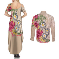 Hawaiian Tropical Flowers and Tribal Turtles Couples Matching Summer Maxi Dress and Long Sleeve Button Shirt Polynesian Art Motifs Beige Color - Polynesian Pride