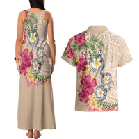 Hawaiian Tropical Flowers and Tribal Turtles Couples Matching Tank Maxi Dress and Hawaiian Shirt Polynesian Art Motifs Beige Color - Polynesian Pride