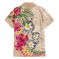 Hawaiian Tropical Flowers and Tribal Turtles Family Matching Long Sleeve Bodycon Dress and Hawaiian Shirt Polynesian Art Motifs Beige Color - Polynesian Pride