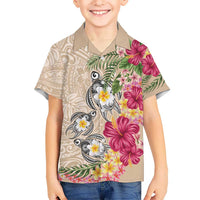 Hawaiian Tropical Flowers and Tribal Turtles Family Matching Long Sleeve Bodycon Dress and Hawaiian Shirt Polynesian Art Motifs Beige Color - Polynesian Pride