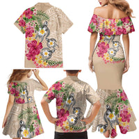 Hawaiian Tropical Flowers and Tribal Turtles Family Matching Mermaid Dress and Hawaiian Shirt Polynesian Art Motifs Beige Color - Polynesian Pride