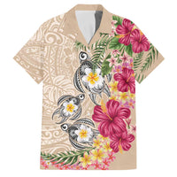 Hawaiian Tropical Flowers and Tribal Turtles Family Matching Mermaid Dress and Hawaiian Shirt Polynesian Art Motifs Beige Color - Polynesian Pride