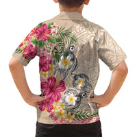 Hawaiian Tropical Flowers and Tribal Turtles Family Matching Off Shoulder Maxi Dress and Hawaiian Shirt Polynesian Art Motifs Beige Color - Polynesian Pride