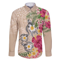 Hawaiian Tropical Flowers and Tribal Turtles Family Matching Off Shoulder Maxi Dress and Hawaiian Shirt Polynesian Art Motifs Beige Color - Polynesian Pride