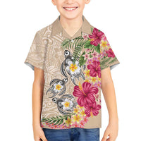 Hawaiian Tropical Flowers and Tribal Turtles Family Matching Off Shoulder Maxi Dress and Hawaiian Shirt Polynesian Art Motifs Beige Color - Polynesian Pride