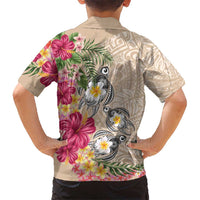 Hawaiian Tropical Flowers and Tribal Turtles Family Matching Puletasi and Hawaiian Shirt Polynesian Art Motifs Beige Color - Polynesian Pride
