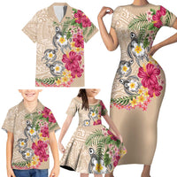 Hawaiian Tropical Flowers and Tribal Turtles Family Matching Short Sleeve Bodycon Dress and Hawaiian Shirt Polynesian Art Motifs Beige Color - Polynesian Pride