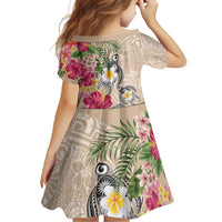 Hawaiian Tropical Flowers and Tribal Turtles Family Matching Summer Maxi Dress and Hawaiian Shirt Polynesian Art Motifs Beige Color - Polynesian Pride