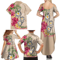 Hawaiian Tropical Flowers and Tribal Turtles Family Matching Summer Maxi Dress and Hawaiian Shirt Polynesian Art Motifs Beige Color - Polynesian Pride