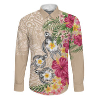Hawaiian Tropical Flowers and Tribal Turtles Family Matching Summer Maxi Dress and Hawaiian Shirt Polynesian Art Motifs Beige Color - Polynesian Pride