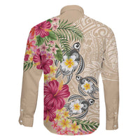 Hawaiian Tropical Flowers and Tribal Turtles Family Matching Summer Maxi Dress and Hawaiian Shirt Polynesian Art Motifs Beige Color - Polynesian Pride