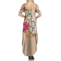 Hawaiian Tropical Flowers and Tribal Turtles Family Matching Summer Maxi Dress and Hawaiian Shirt Polynesian Art Motifs Beige Color - Polynesian Pride