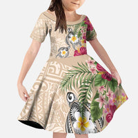 Hawaiian Tropical Flowers and Tribal Turtles Family Matching Tank Maxi Dress and Hawaiian Shirt Polynesian Art Motifs Beige Color - Polynesian Pride