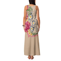Hawaiian Tropical Flowers and Tribal Turtles Family Matching Tank Maxi Dress and Hawaiian Shirt Polynesian Art Motifs Beige Color - Polynesian Pride