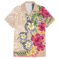 Hawaiian Tropical Flowers and Tribal Turtles Hawaiian Shirt Polynesian Art Motifs Beige Color - Polynesian Pride
