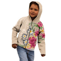 Hawaiian Tropical Flowers and Tribal Turtles Kid Hoodie Polynesian Art Motifs Beige Color - Polynesian Pride