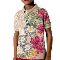 Hawaiian Tropical Flowers and Tribal Turtles Kid Polo Shirt Polynesian Art Motifs Beige Color - Polynesian Pride