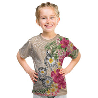 Hawaiian Tropical Flowers and Tribal Turtles Kid T Shirt Polynesian Art Motifs Beige Color - Polynesian Pride