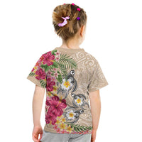 Hawaiian Tropical Flowers and Tribal Turtles Kid T Shirt Polynesian Art Motifs Beige Color - Polynesian Pride
