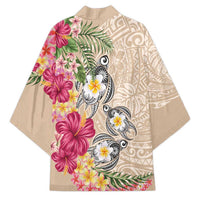 Hawaiian Tropical Flowers and Tribal Turtles Kimono Polynesian Art Motifs Beige Color - Polynesian Pride