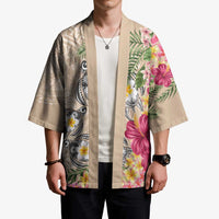 Hawaiian Tropical Flowers and Tribal Turtles Kimono Polynesian Art Motifs Beige Color - Polynesian Pride