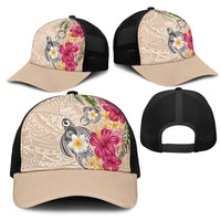 Hawaiian Tropical Flowers and Tribal Turtles Mesh Trucker Cap Polynesian Art Motifs Beige Color - Polynesian Pride