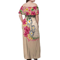 Hawaiian Tropical Flowers and Tribal Turtles Off Shoulder Maxi Dress Polynesian Art Motifs Beige Color - Polynesian Pride